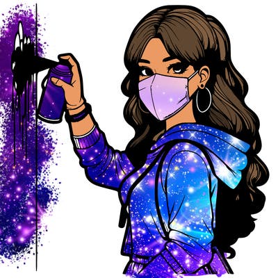 realistic girl with mask spray painting a wall