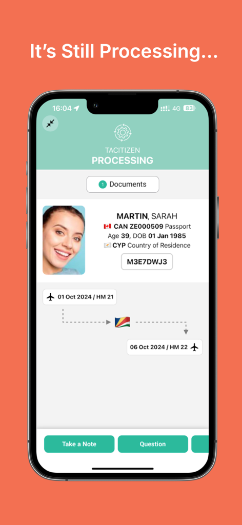 Oberfläche der tValidator App, die ein Reisendenprofil mit Passinformationen und Flugdaten zeigt.