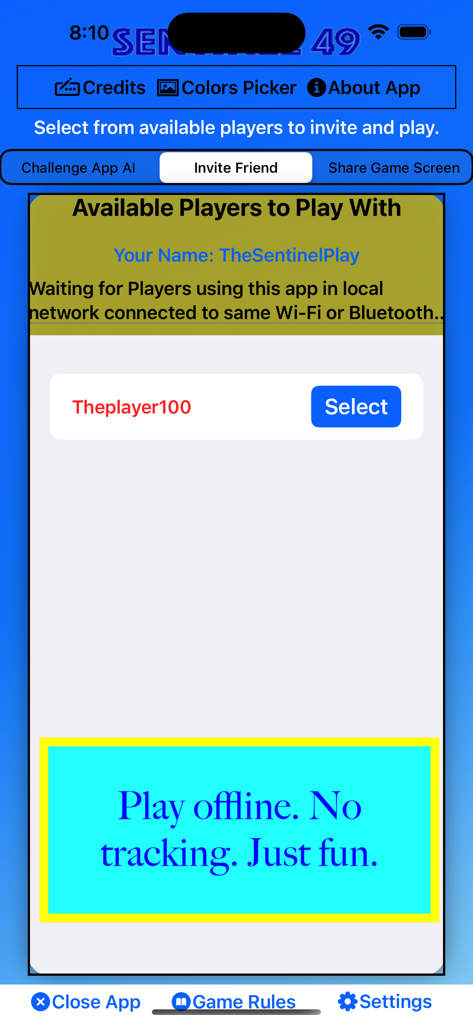 Sentinel49 mobile app interface showing the invite friend screen with available local players and a banner emphasizing offline play