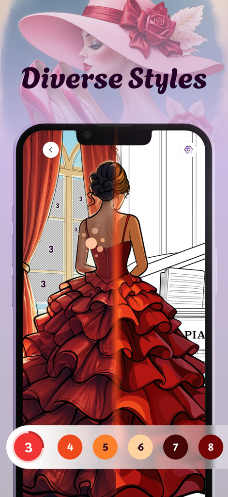 Interfaz de la aplicación Pixie Color que muestra una ilustración de pintar por número de una mujer con un vestido rojo con volantes.