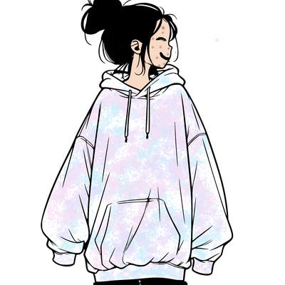 realistic girl with a oversized sweatshirt on and a bun