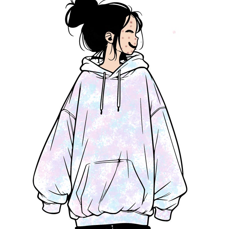 realistic girl with a oversized sweatshirt on and a bun