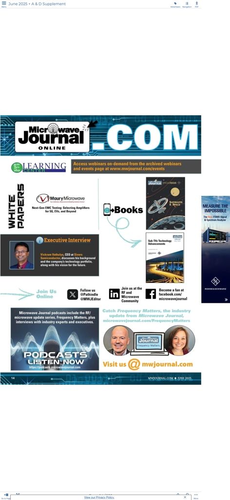 Microwave Journal Magazine - Digital page from the Microwave Journal app featuring technical resources like white papers, ebooks, and podcasts for RF engineers.