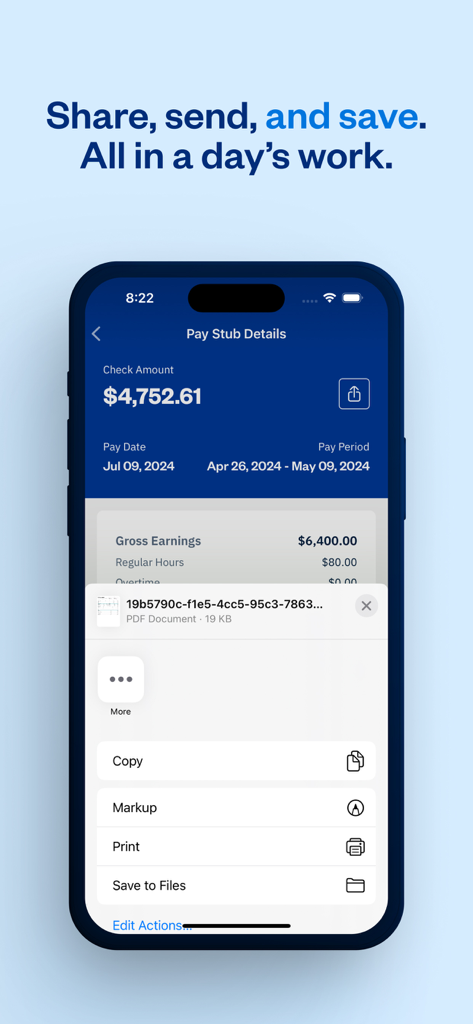 L'application mobile FreshBooks Connect affiche les détails du bulletin de paie avec des options pour partager, envoyer et enregistrer des documents.