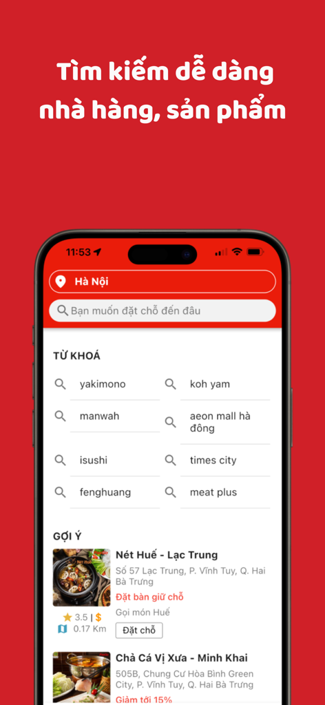 PasGo: Đặt bàn nhà hàng ưu đãi - PasGo mobile app interface showing restaurant search and dining recommendations in Hanoi