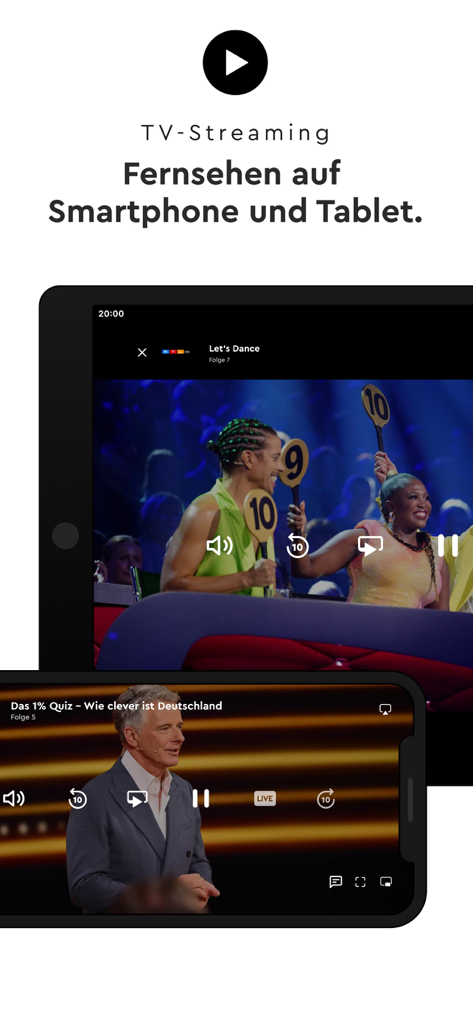 HD+ - HD plus App-Oberfläche, die deutsche TV-Sendungen auf einem Smartphone und Tablet zeigt.