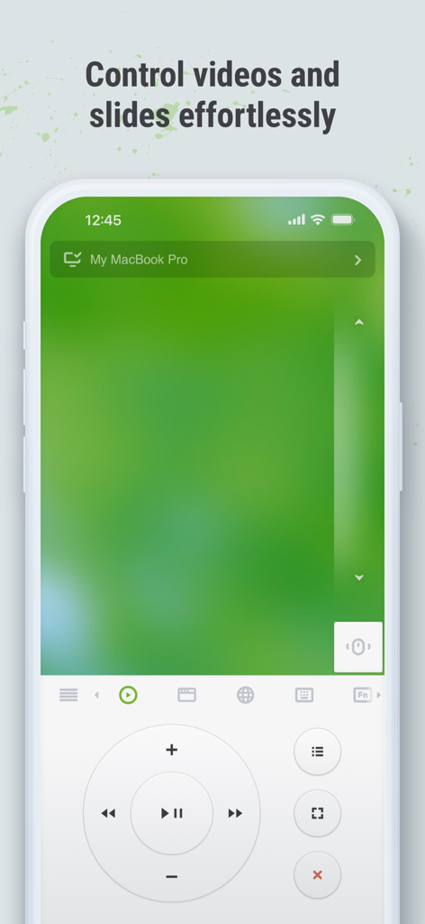 Interface do Remote Mouse Pro no iPhone mostrando controles de mídia e trackpad para controlar vídeos e slides remotamente.