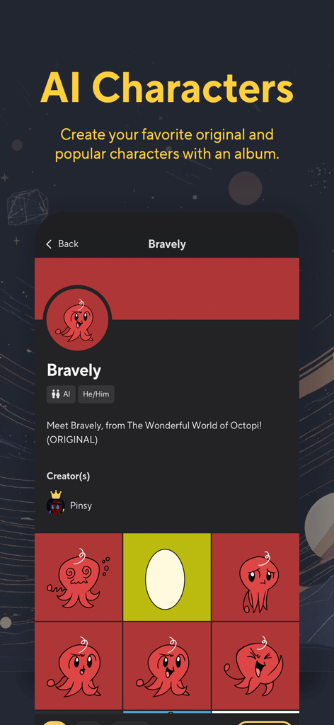Capture d'écran de l'application Kajiwoto présentant le profil d'un personnage IA personnalisé avec une galerie d'images.