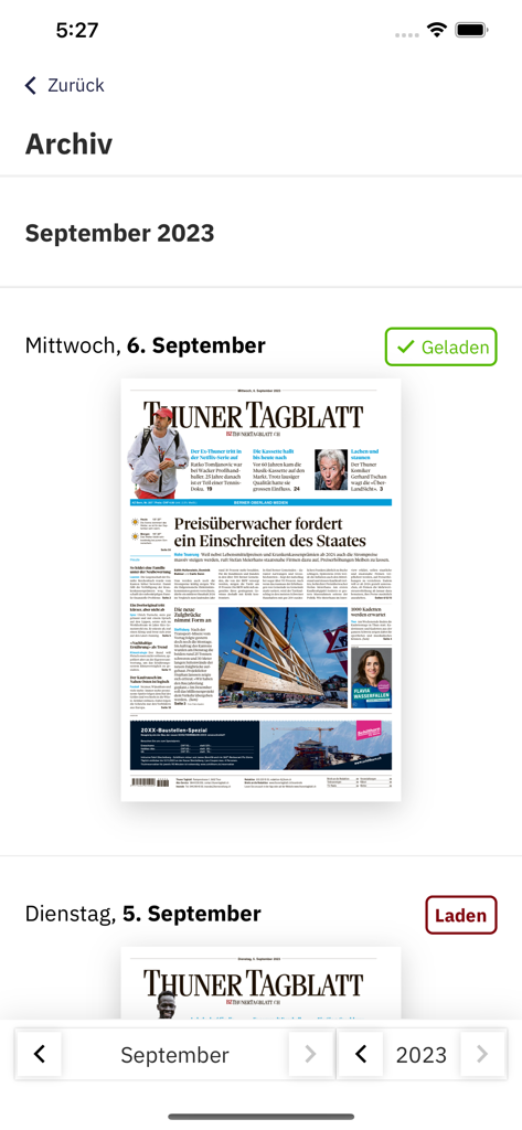 App giornale BZ Thuner Tagblatt che mostra l'archivio dell'edizione digitale