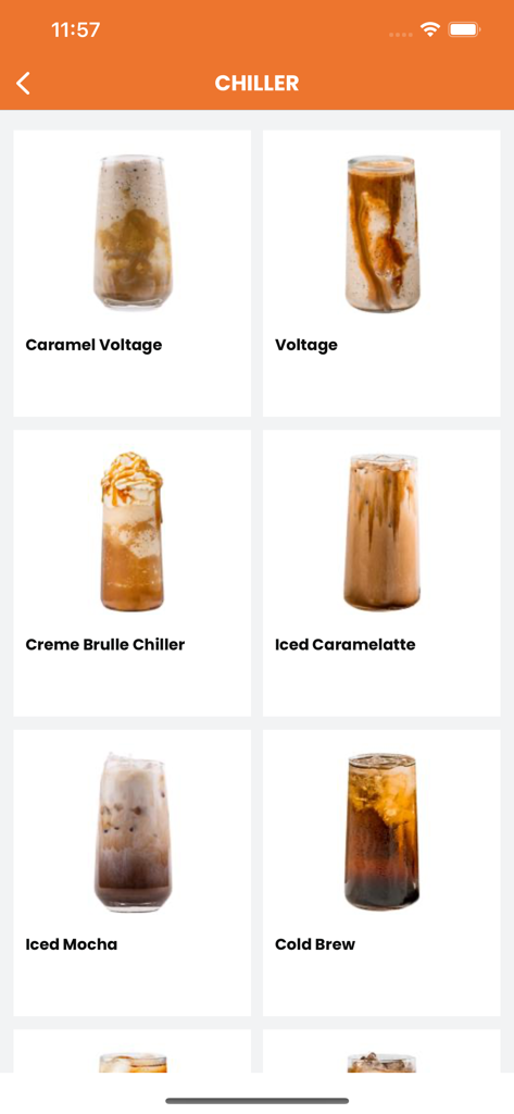 Gloria Jean’s Coffees N.Cyprus - Écran de l'application Gloria Jean's affichant diverses boissons café glacé et chiller