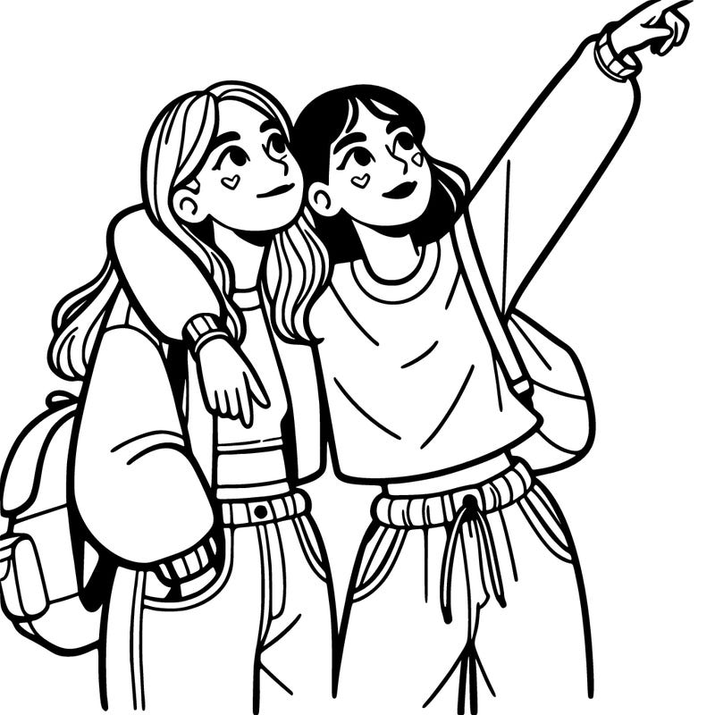 2 girl teen best friends hugging looking up at the sky pointing with baggy pants