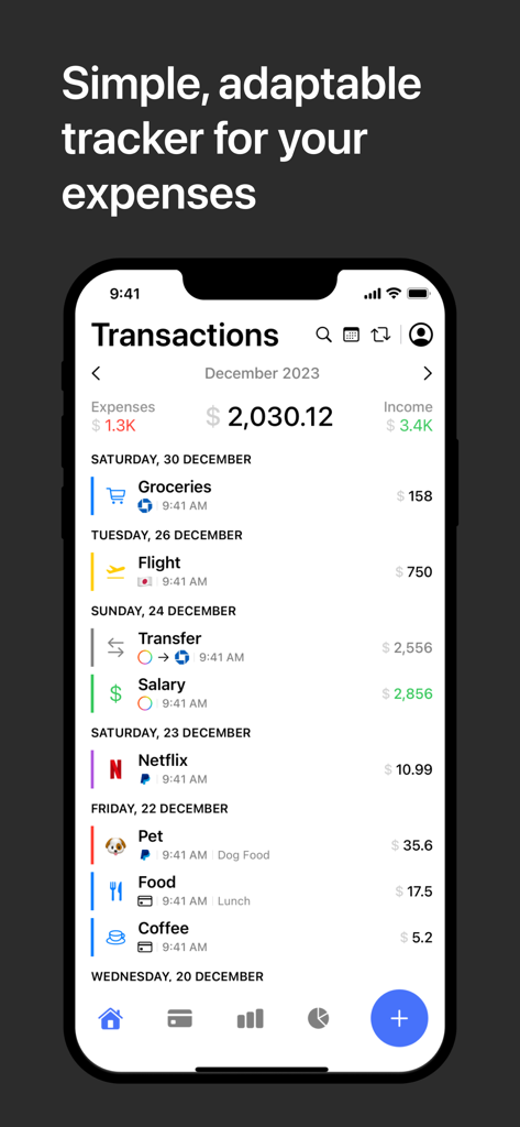 Simple‎ - Panel minimalista de la aplicación Simple que muestra una lista detallada de transacciones y gastos mensuales