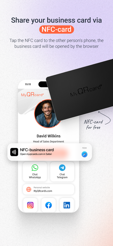 A digital business card being shared by tapping an NFC card against a smartphone.
