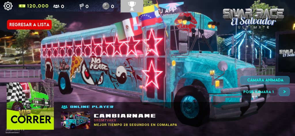 Sivar Race Ultimate - A highly customized blue bus with neon red stars and stickers in the Sivar Race Ultimate game menu.