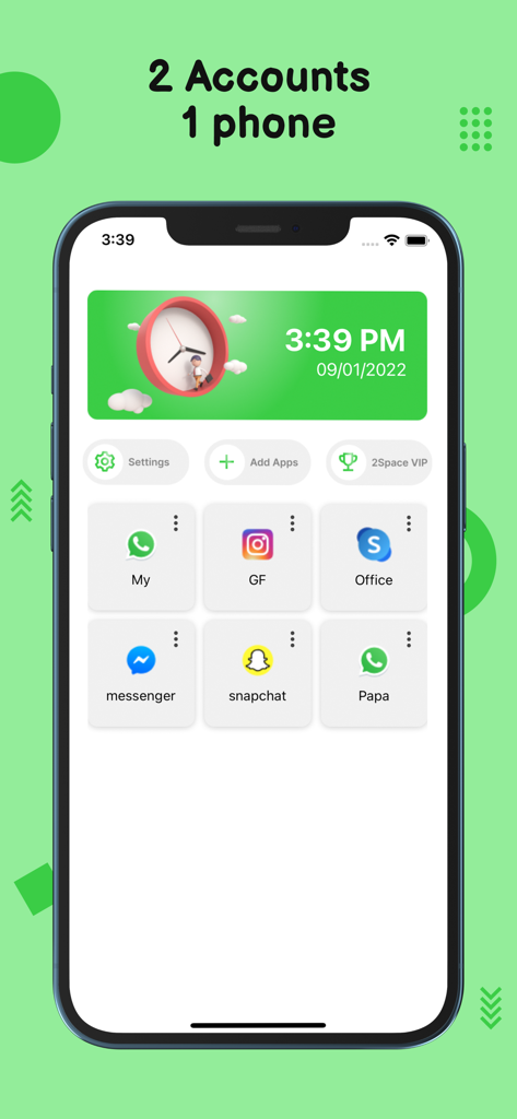 2Space - Multiple Accounts - Smartphone screen showing the 2Space app interface with cloned social media icons for managing multiple accounts on one device