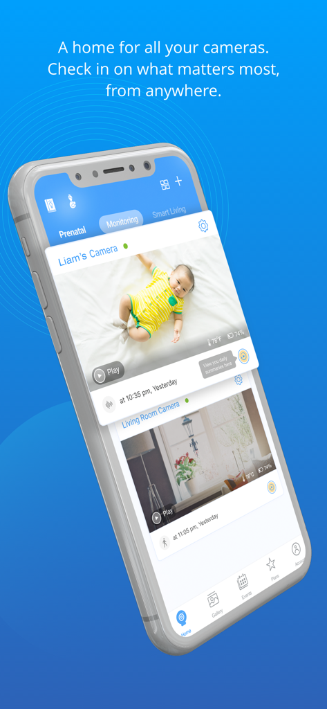 Interfaz de la aplicación Motorola Hubble Connected que muestra las transmisiones de cámaras de bebé y hogar