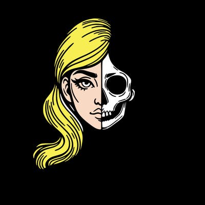 bust of a woman, half face and hair, half skull