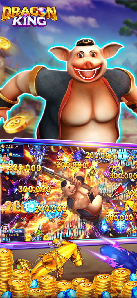 Écran de gameplay de Dragon King Fish Table Online avec un grand personnage de cochon et des pièces d'or