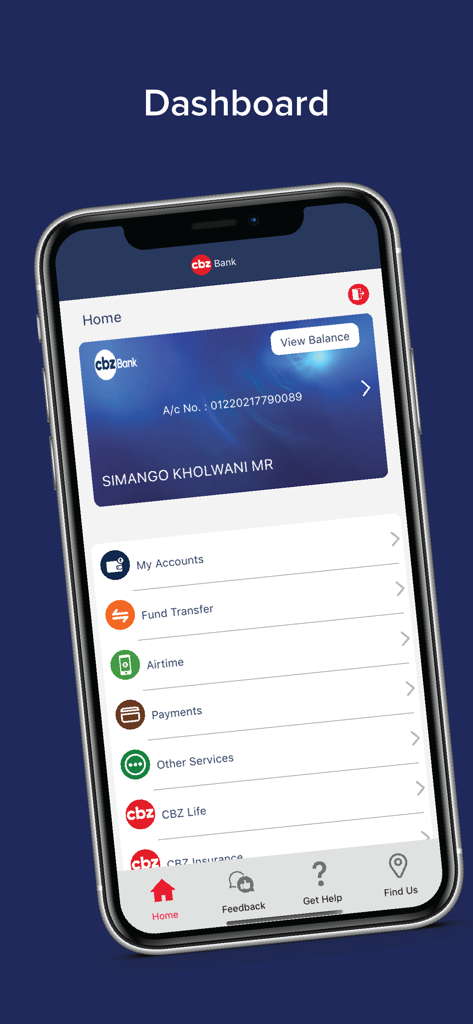 CBZ Touch - Panel de control de la aplicación CBZ Touch que muestra información de la cuenta bancaria y el menú de servicios financieros.