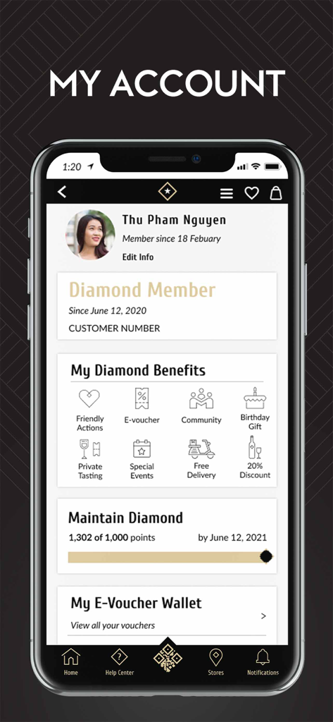 Annam Gourmet - User account dashboard in the Annam Gourmet app showing Diamond Member status and exclusive benefits.