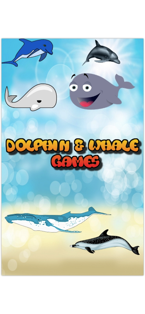Sea World: Kids Dolphin Games - Cartoon dolphins and whales on a blue bubbly background with the title Dolphin and Whale Games.