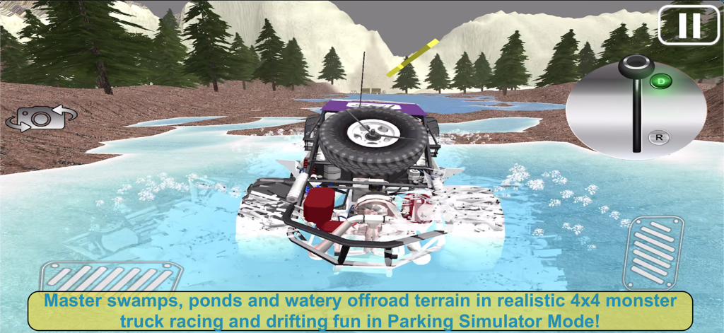 4x4 OFFROAD MONSTER TRUCK RACE - Um monster truck 4x4 a atravessar uma lagoa rasa num ambiente de montanha com neve.