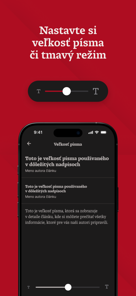 Denník N - Dennik N App-Bildschirm mit Schieberegler zur Anpassung der Schriftgröße und Optionen für das Dark-Mode-Thema