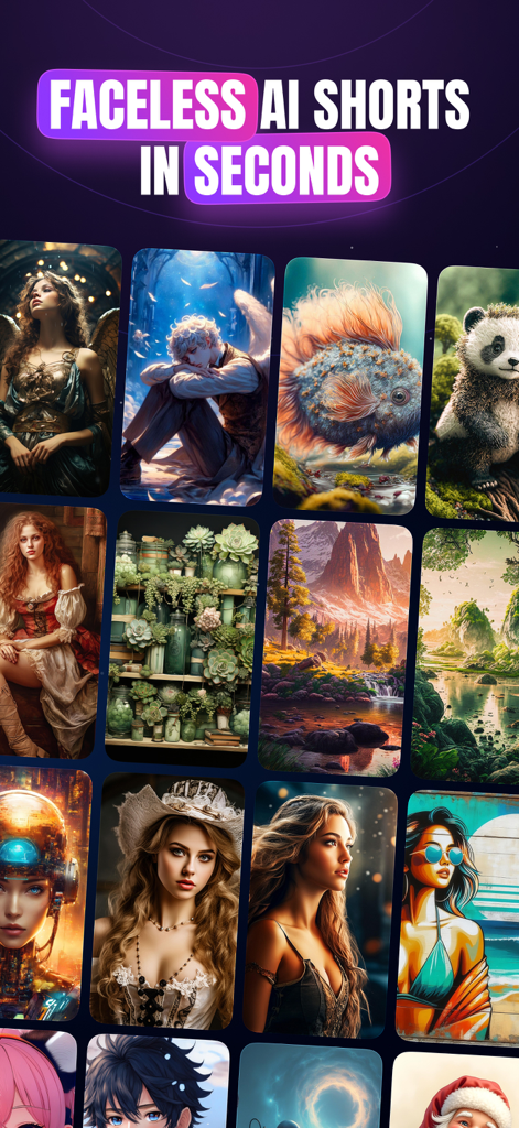 AIVidly - AI Video Maker - Ein Raster aus verschiedenen KI-generierten Charakteren und Landschaften zum Erstellen von gesichtslosen Social-Media-Shorts.