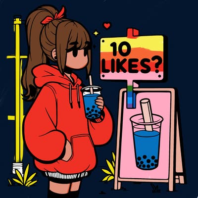 girl with oversized hoodie drinking boba and she has a high ponytail with a sign that says 10likes?