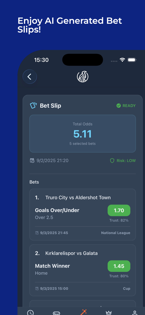 FutPre – AI Football Tips - FutPre app interface showing an AI generated soccer bet slip with odds.