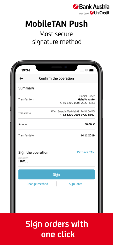 Bank Austria BusinessNet - Bank Austria BusinessNet app screen showing a secure bank transfer confirmation with MobileTAN push signature.