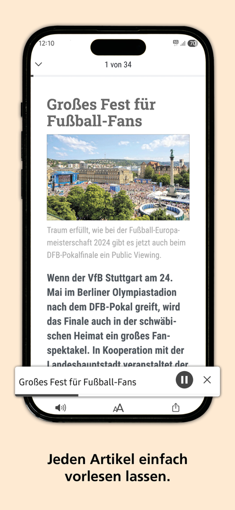 Stuttgarter Amtsblatt - Smartphone-Bildschirm der Stuttgarter Amtsblatt App, der einen Nachrichtenartikel mit einem integrierten Audioplayer für die Text-to-Speech-Funktion anzeigt.