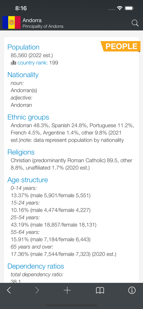 World Factbook & Atlas - Screenshot of the World Factbook and Atlas app showing population and demographic data for Andorra