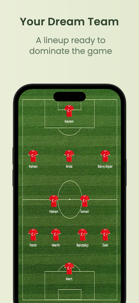 Lineup Builder Pro - Una pantalla móvil que muestra una formación de equipo de fútbol en un campo verde con camisetas rojas