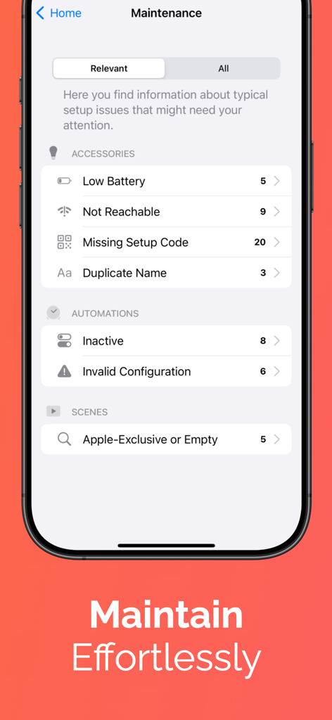 Maintenance dashboard in Controller for HomeKit app showing smart home device health and automation status