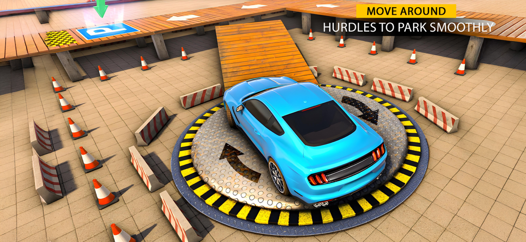 Car Driving School Parking Sim - Un coche deportivo azul navegando a través de conos de tráfico y barreras en una pista de simulador de estacionamiento 3D.