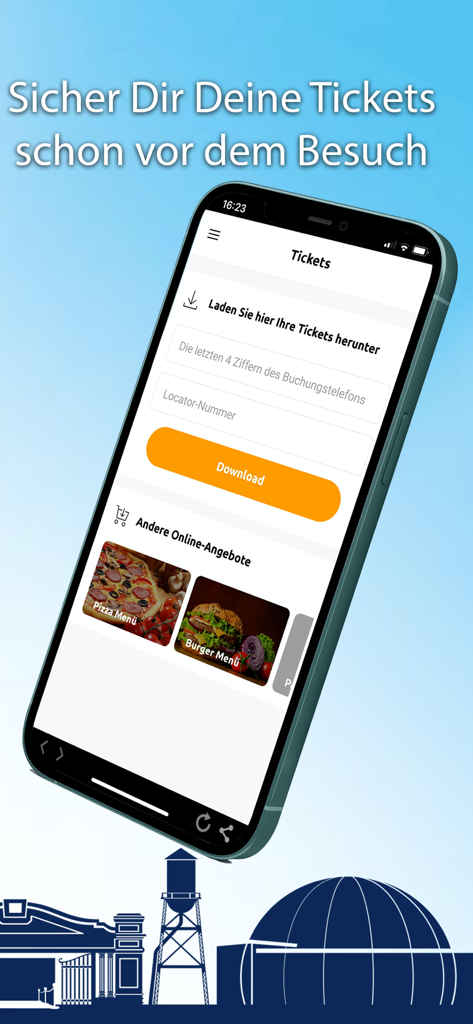 Movie Park Germany - Interfaccia di download dei biglietti dell'app Movie Park Germany e opzioni del menu cibo.