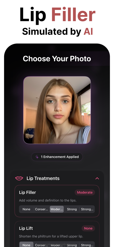 若い女性のポートレートと中程度のボリューム調整オプションを示すAIリップフィラーシミュレーションインターフェイス