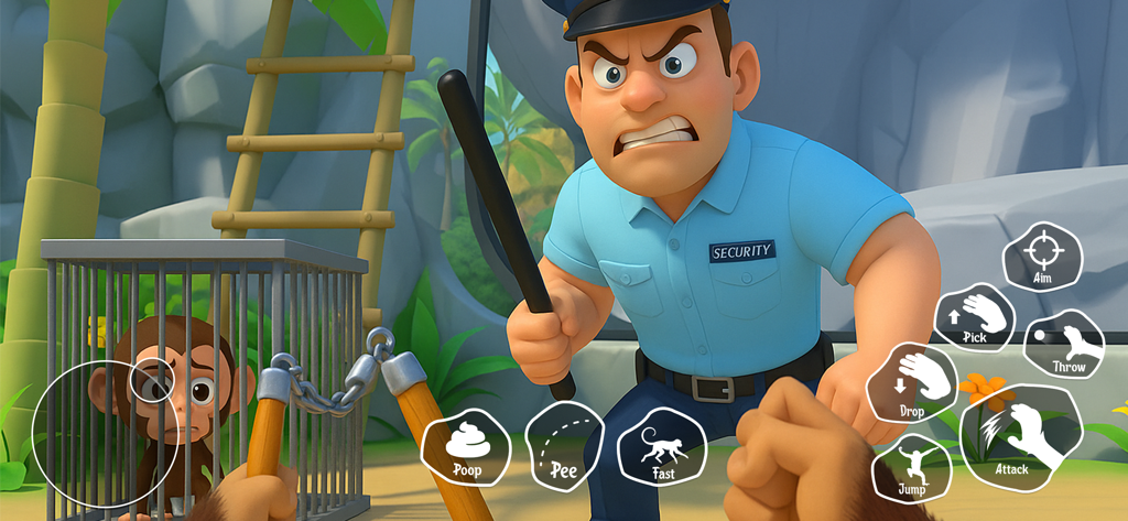 Monkey Zoo Chaos - Survival - Vista em primeira pessoa de um macaco numa jaula a enfrentar um guarda de segurança zangado com controlos de jogo para ações de travessura.