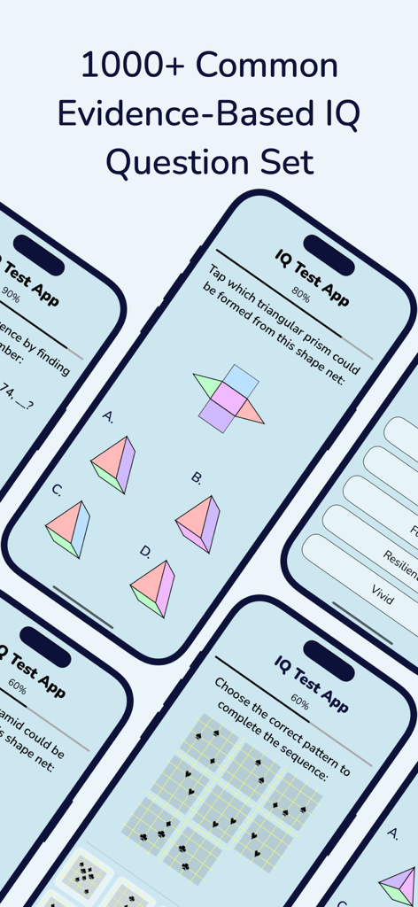 IQ Test - Aptitude Test - Mobile phone screens displaying various spatial and logic based IQ test questions