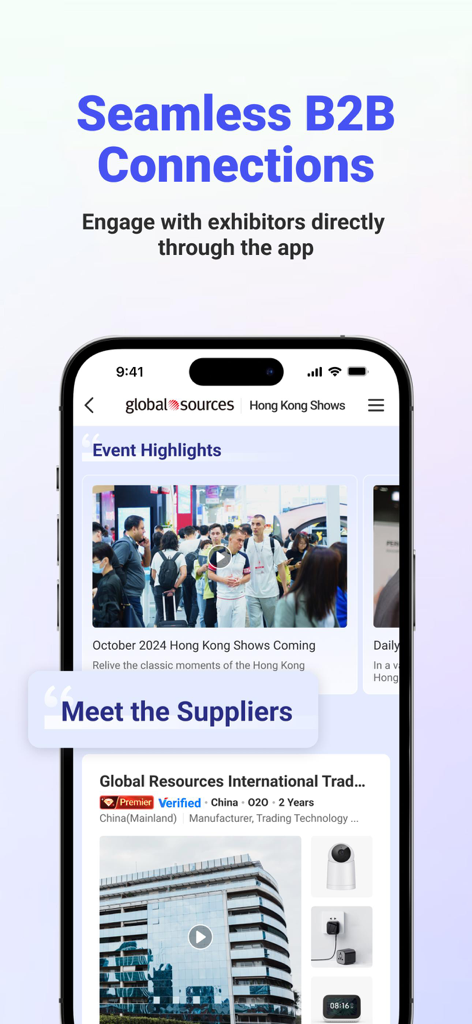 Interface do aplicativo Global Sources com destaques de feiras comerciais de Hong Kong e listagens de fornecedores B2B verificados