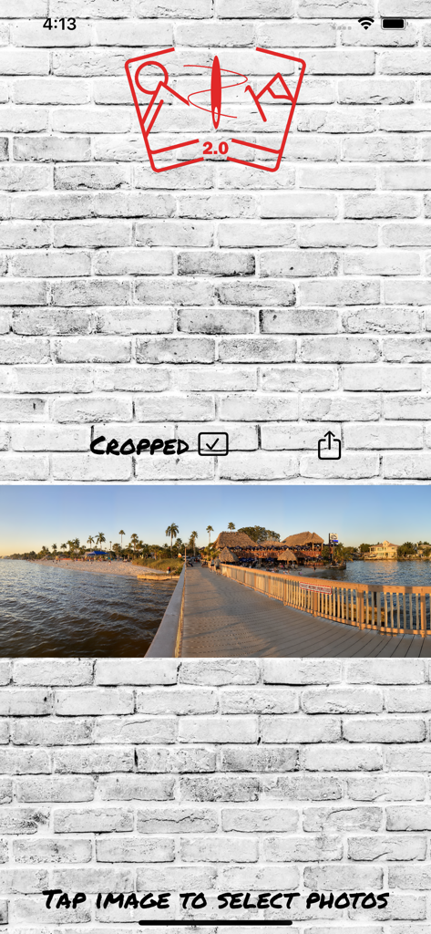 Photo Stitcher 2.0 app showing a panoramic beach photo on a brick background