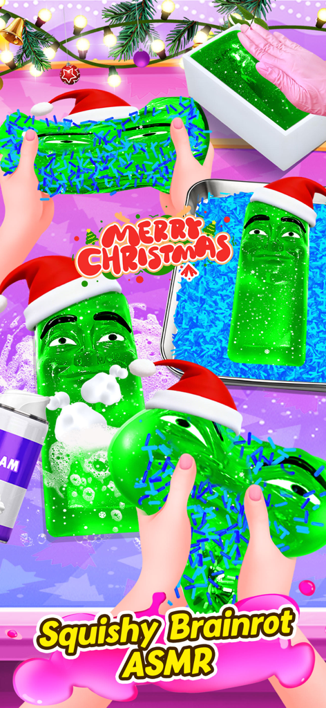 A festive Christmas themed ASMR game screen featuring green squishy characters with Santa hats and holiday decorations