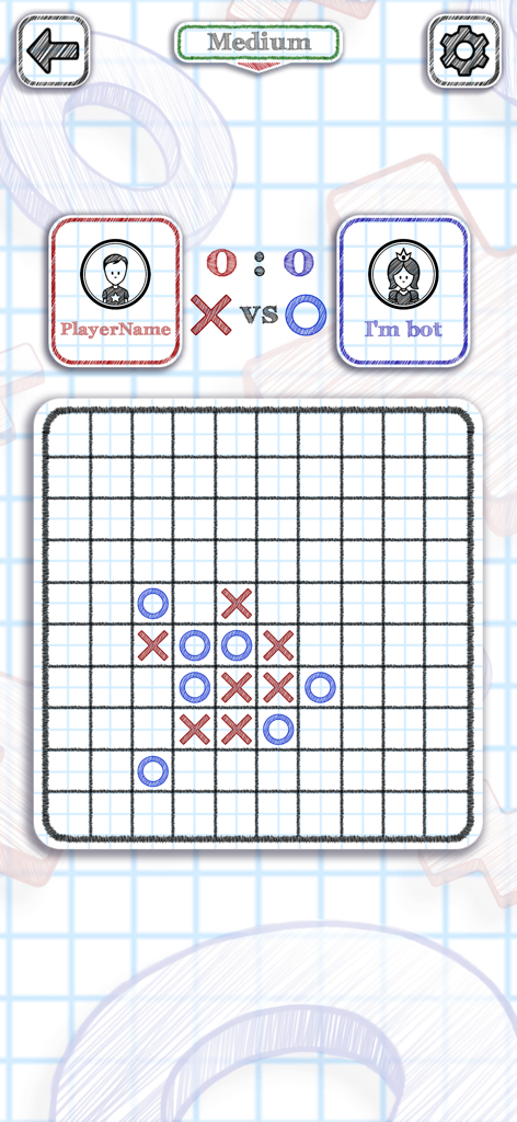 Jugabilidad de Tic Tac Toe 2 Online en una cuadrícula de 10x10 contra un bot de nivel medio con un estilo de boceto de cuaderno.