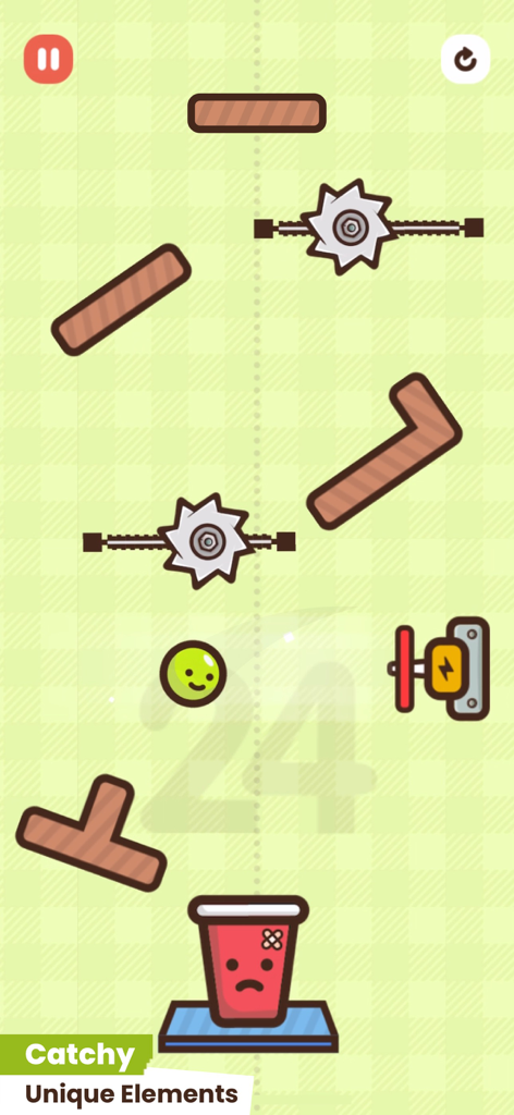 Frantic Fall - Gameplay screen of Frantic Fall featuring a green orb navigating past obstacles towards a cup
