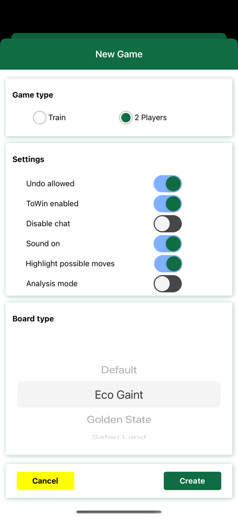 AfroDraught - Setup screen for a new game in AfroDraught showing game types settings and board options