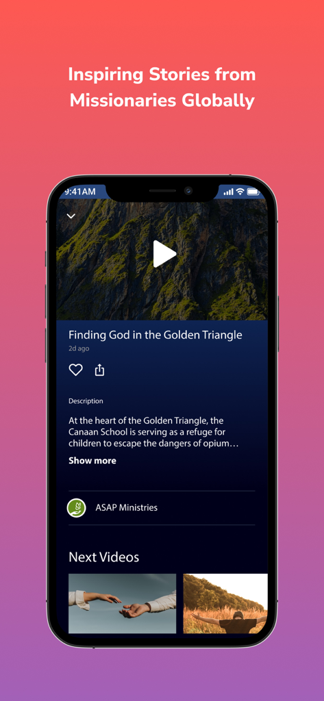 MusicVerse - MusicVerse app interface displaying missionary stories and video content
