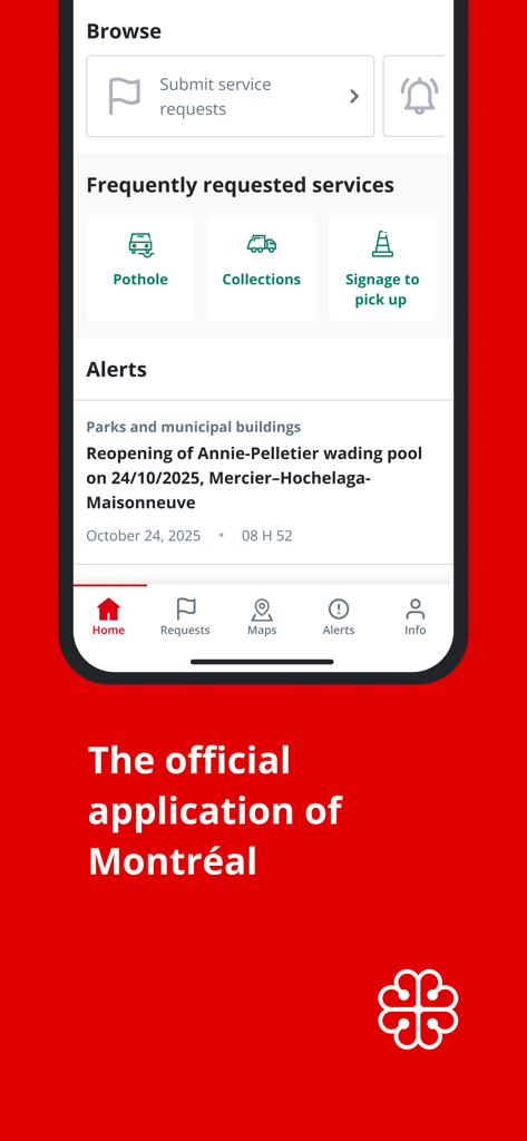 Home screen of the 311 Montreal app showing city service requests and alerts.