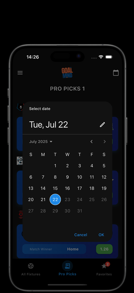 Goal Mind Soccer Predictions - Aplicativo Goal Mind Soccer Predictions mostrando um seletor de data do calendário para selecionar dicas de partidas