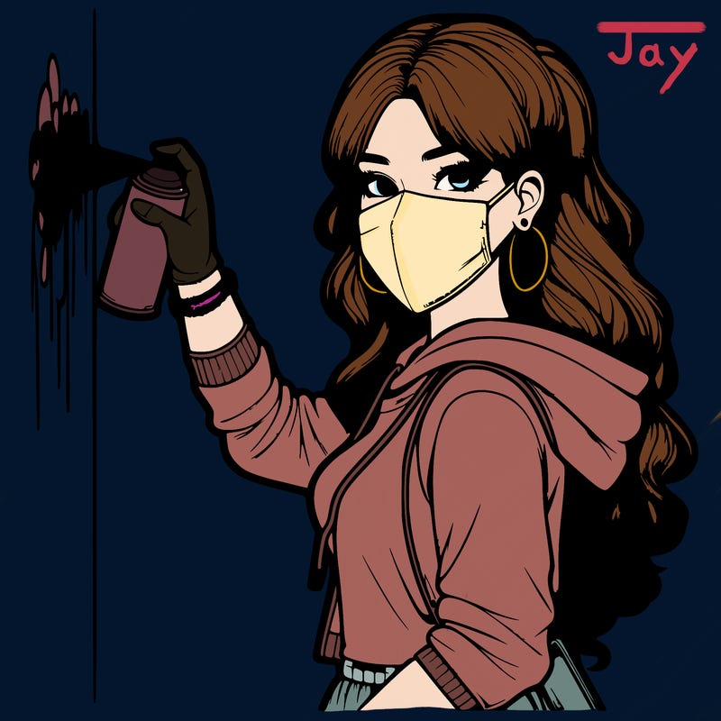 realistic girl with mask spray painting a wall